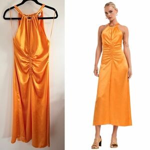 🤩 Sandro Orange Satin Halter Ruched Midi Dress